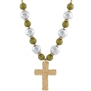 Hammered Cross Woodball Necklace